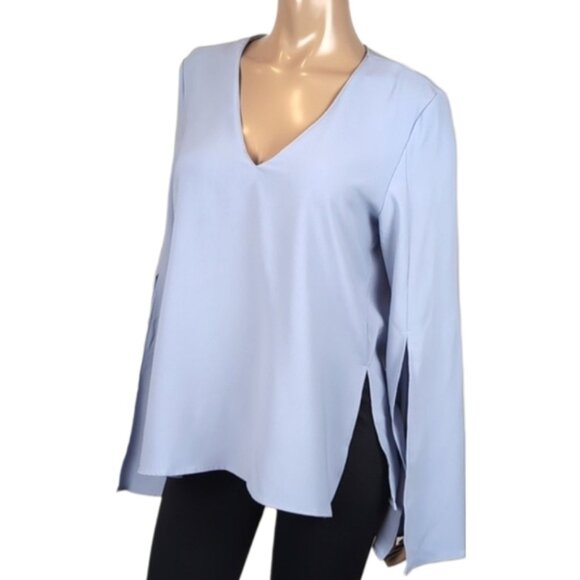 Topshop Periwinkle Slit Bell Sleeve Top VNeck Boxy Tunic Blouse Womens Size 8 - Picture 1 of 12